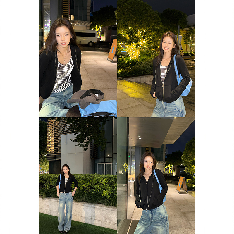 Tuuuh Picture Book [Hooded Casual Shirt] Hooded Zipper Knit Cardigan Fake Two-Piece Women's Autumn Short Jacket