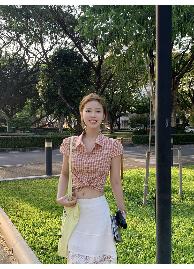 Tuuuh рубашка женская клетчатая с отложным воротником короткая с коротким рукавом весна-лето корейский стиль приталенная офисная блузка