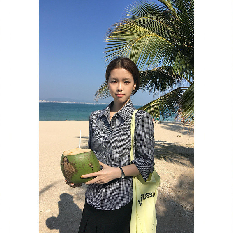 Tuuuh рубашка женская с рукавами три четверти отложным воротником весна-осень корейский стиль повседневная стройнящая универсальная в клетку