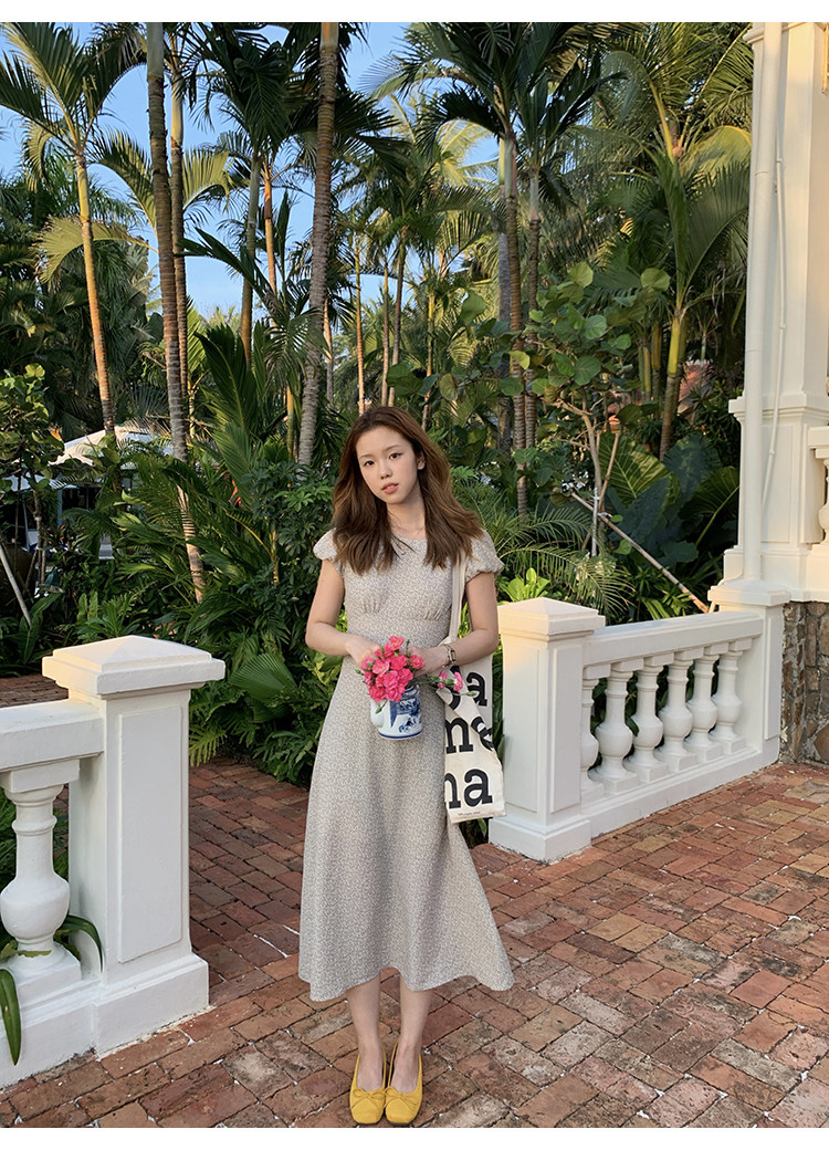 Tuuuh летнее платье с круглым вырезом и цветочным принтом, французские рукава-буфы, короткий рукав, универсальное платье средней длины