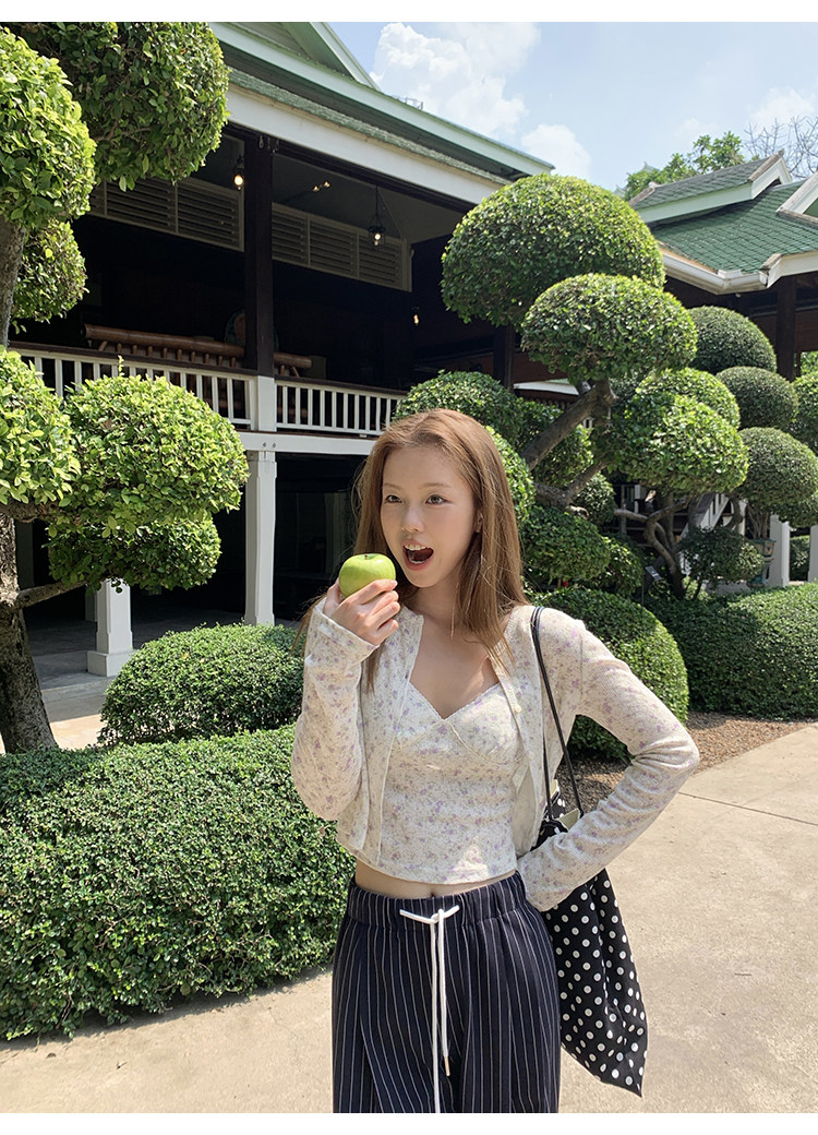 Tuuuh альбом для рисования мелкий цветочный принт круглый вырез кардиган с длинными рукавами женский корейский стиль тонкий короткий топ