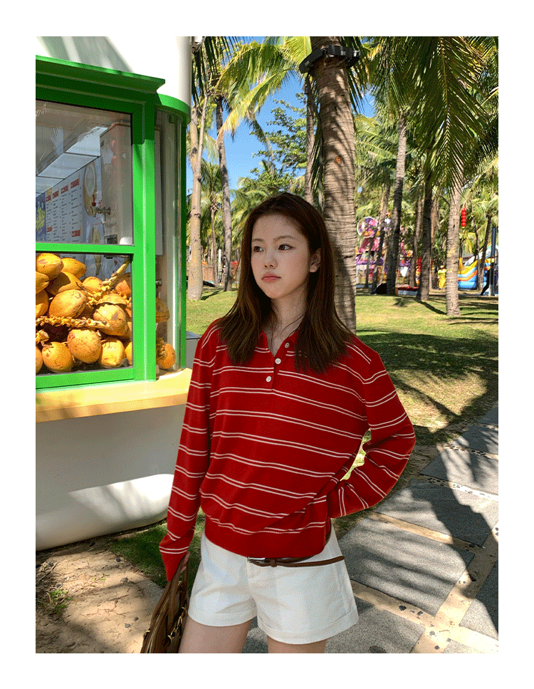 Tuuuh женский красный вязаный свитер с воротником поло в полоску, корейский стиль, винтаж, повседневный, стройнящий