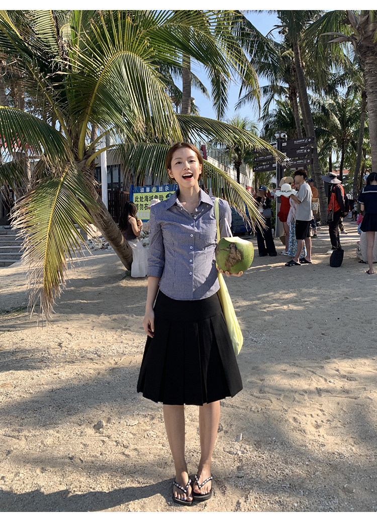 Tuuuh рубашка женская с рукавами три четверти отложным воротником весна-осень корейский стиль повседневная стройнящая универсальная в клетку