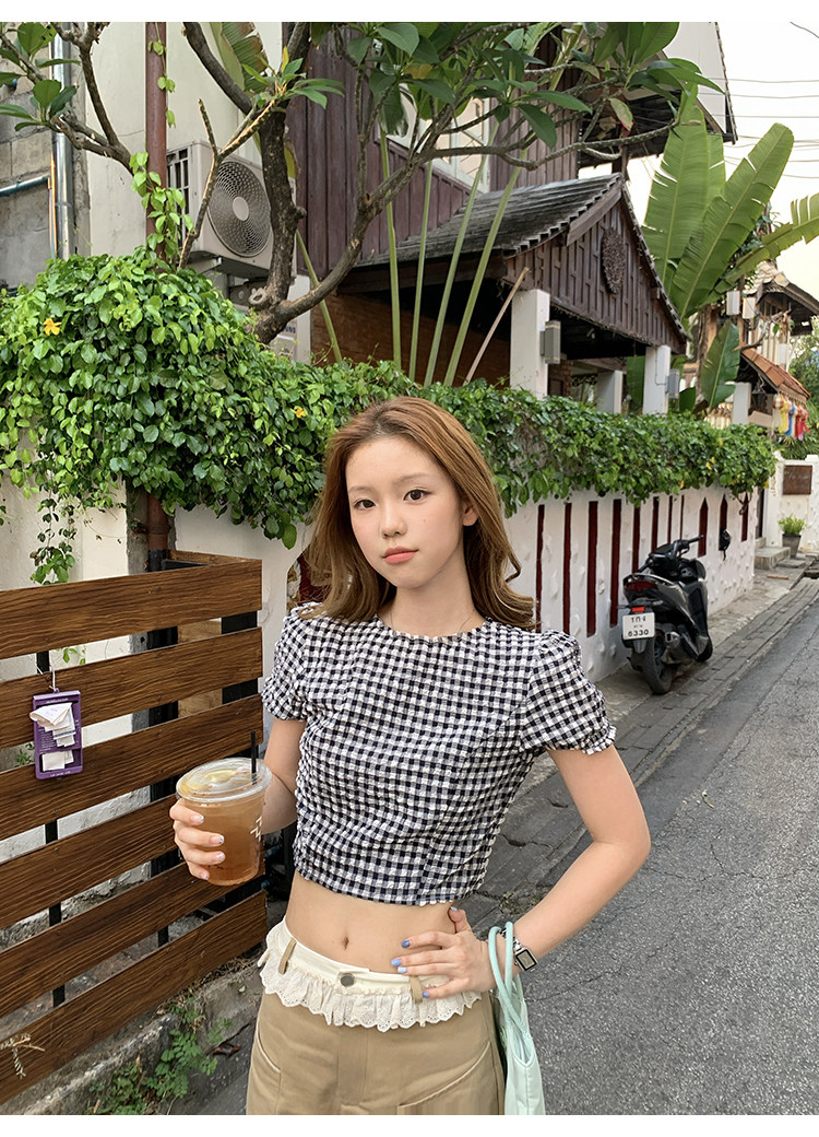 Tuuuh рубашка женская клетчатая с пуфовыми рукавами приталенная короткая блузка летняя