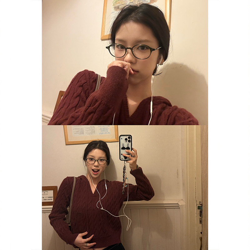 Tuuuh Picture Book [Burgundy Hooded] Burgundy Cable Knit Hooded V-Neck Sweater Drawstring Lazy Knit Hoodie