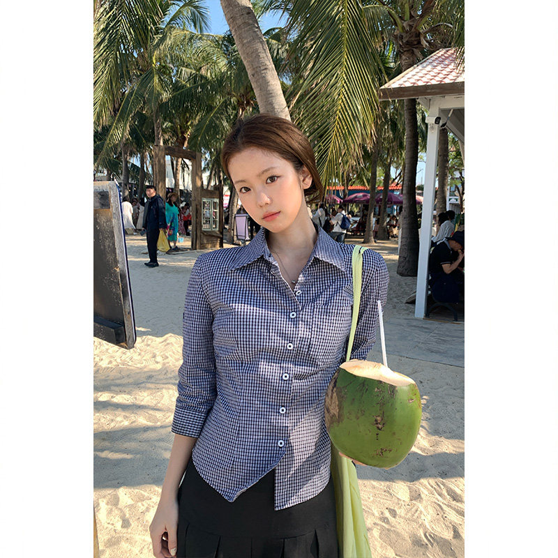 Tuuuh рубашка женская с рукавами три четверти отложным воротником весна-осень корейский стиль повседневная стройнящая универсальная в клетку