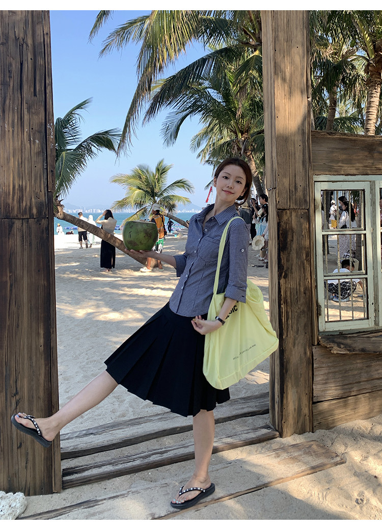 Tuuuh рубашка женская с рукавами три четверти отложным воротником весна-осень корейский стиль повседневная стройнящая универсальная в клетку