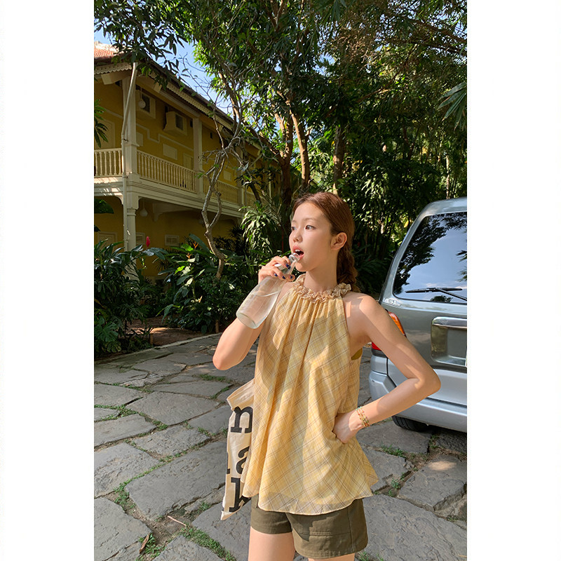 Tuuuh платье женское летнее французское ретро с завязками на шее в клетку свободное универсальное для отпуска