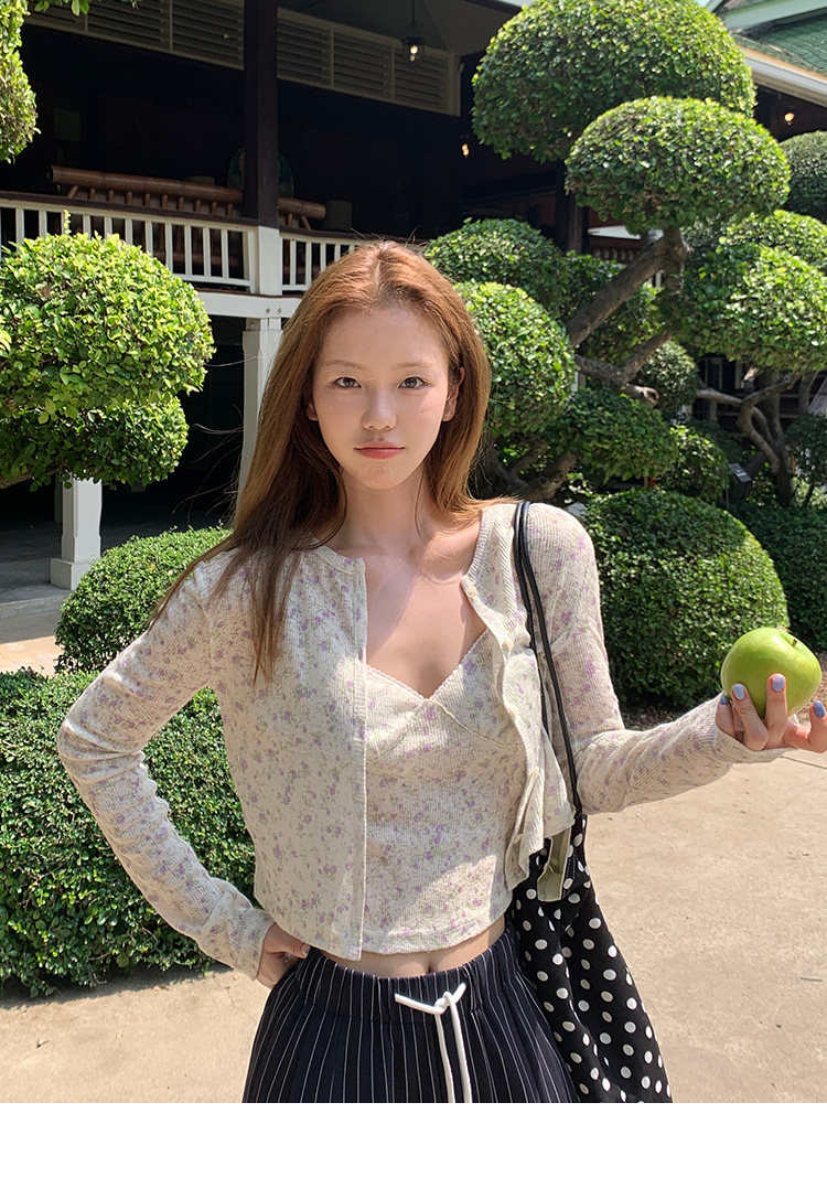 Tuuuh альбом для рисования мелкий цветочный принт круглый вырез кардиган с длинными рукавами женский корейский стиль тонкий короткий топ