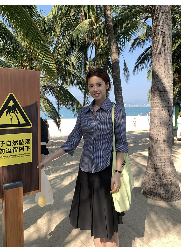 Tuuuh рубашка женская с рукавами три четверти отложным воротником весна-осень корейский стиль повседневная стройнящая универсальная в клетку