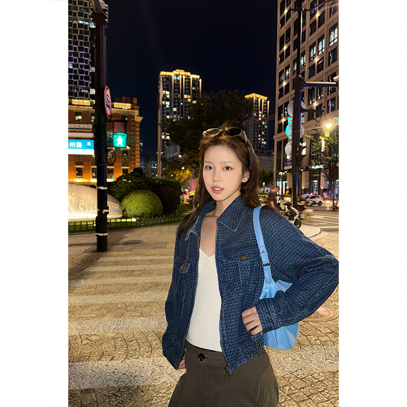 Tuuuh Picture Book [Blue Denim] Denim Blue Jacquard Short Jacket Women's Vintage Lapel Zipper Jacket