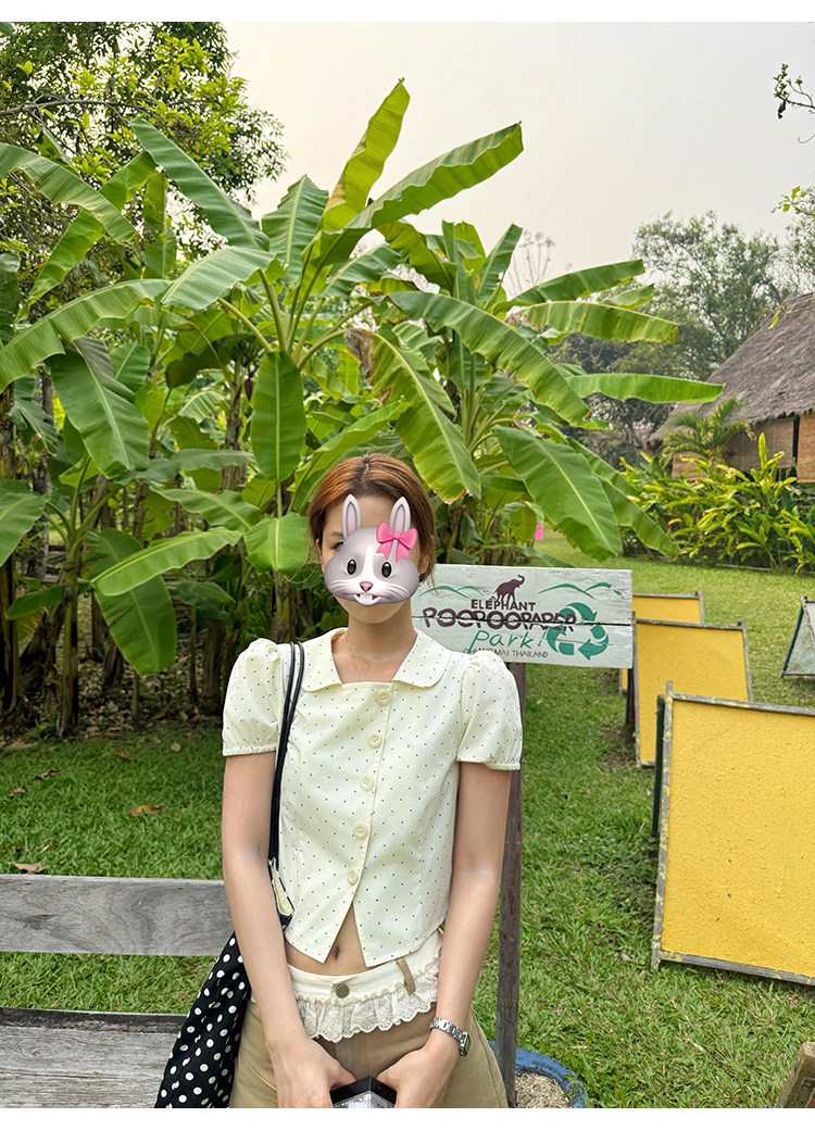 Tuuuh рубашка женская с коротким рукавом и воротником-стойкой в горошек приталенная летняя