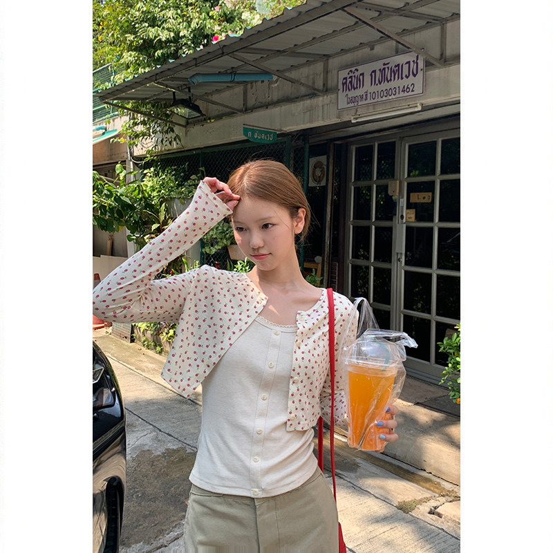 Tuuuh комплект из двух предметов: кардиган с длинными рукавами и топ без рукавов с круглым вырезом, кремовый цвет с мелким цветочным принтом для девушек