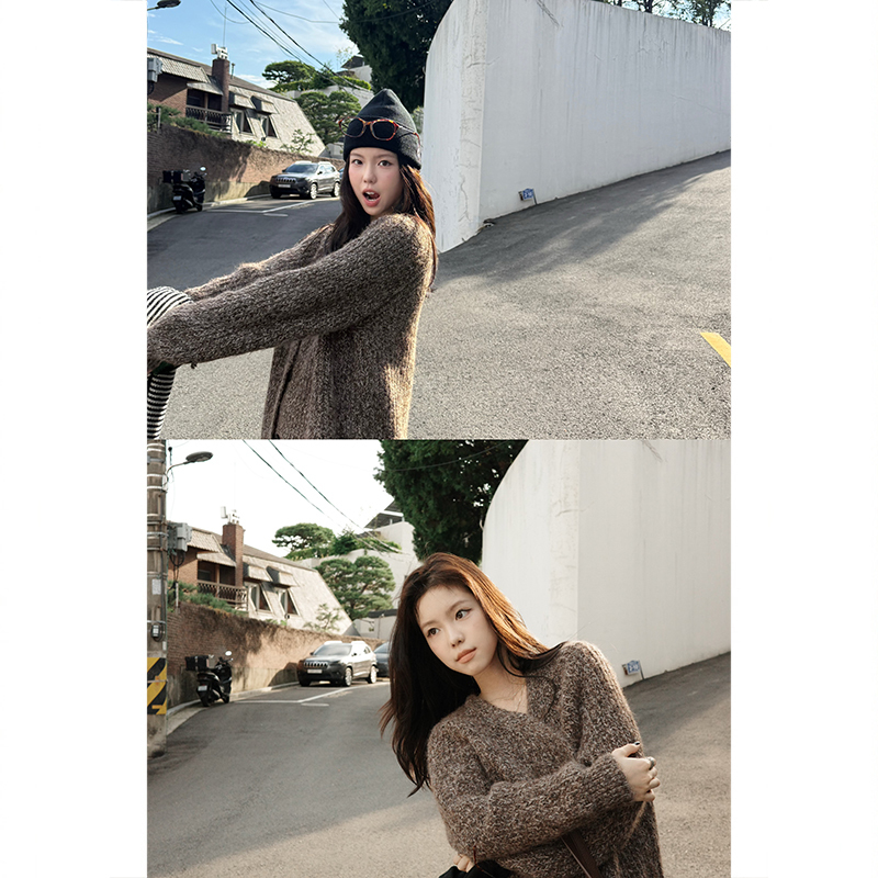 Tuuuh Picture Book【Relaxing Time】Sheep Wool Coffee Color Mixed Flower Chunky Knit V-Neck Cardigan Autumn and Winter Soft Sweater