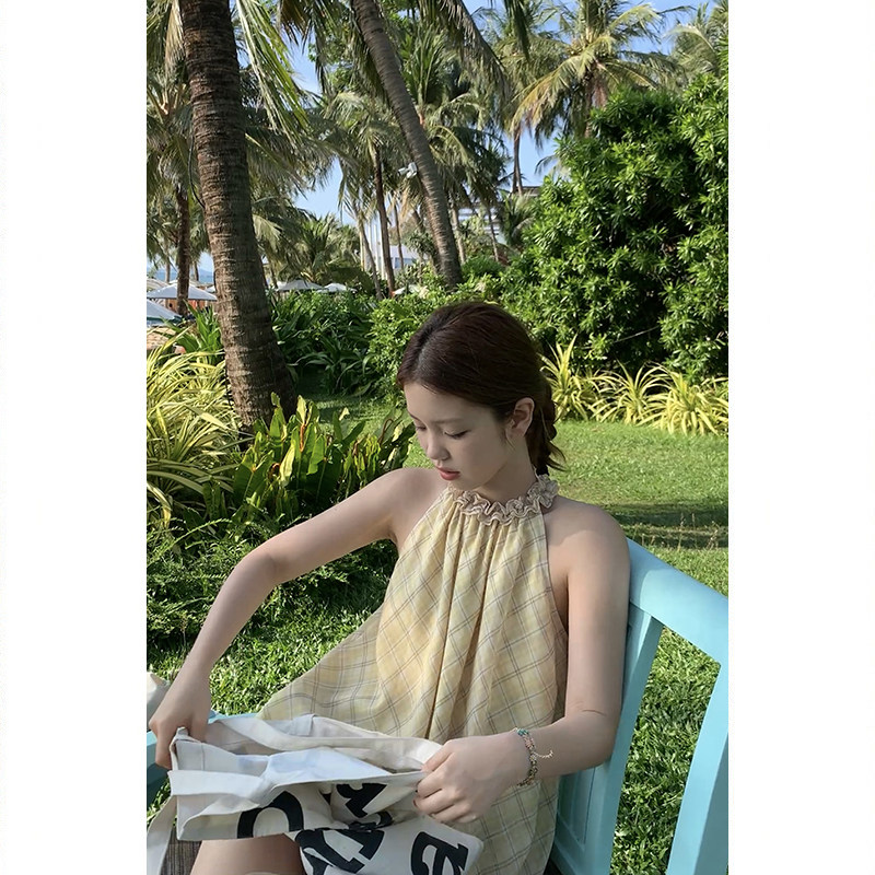 Tuuuh платье женское летнее французское ретро с завязками на шее в клетку свободное универсальное для отпуска