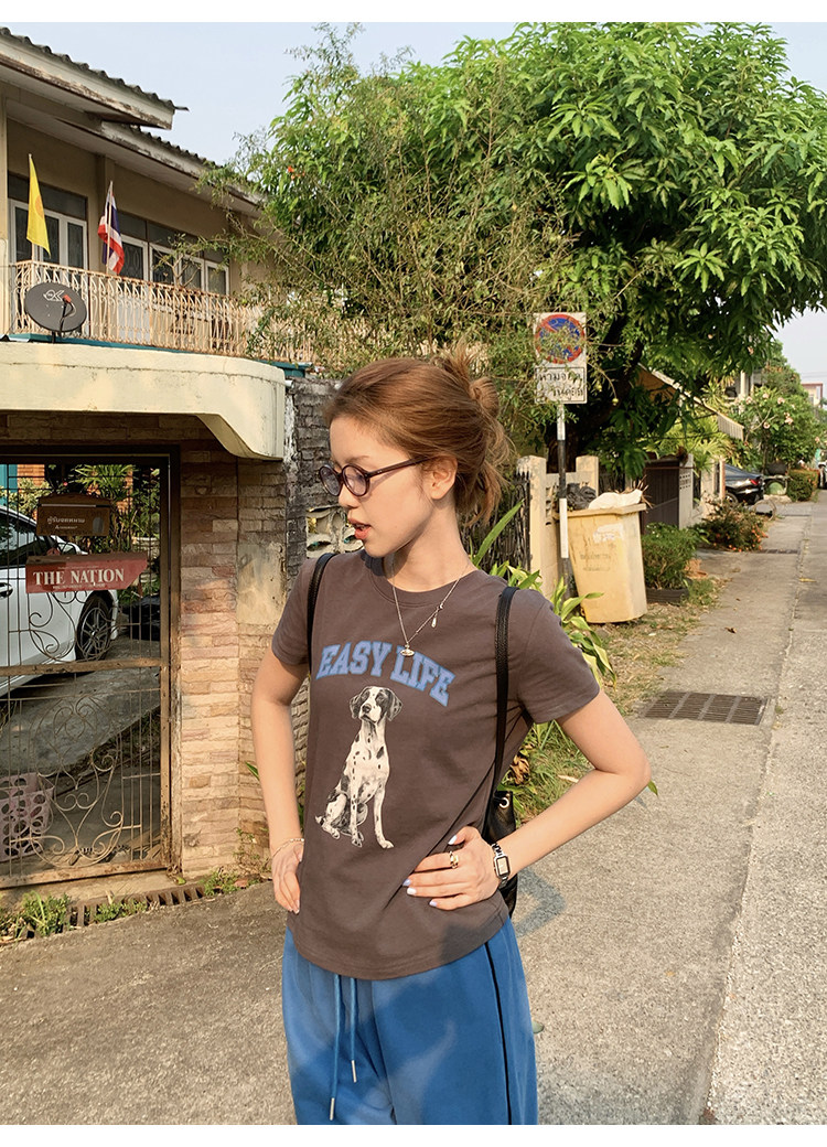 Tuuuh футболка женская с принтом собачки свободная с коротким рукавом 2026 летняя новинка американский ретро стиль