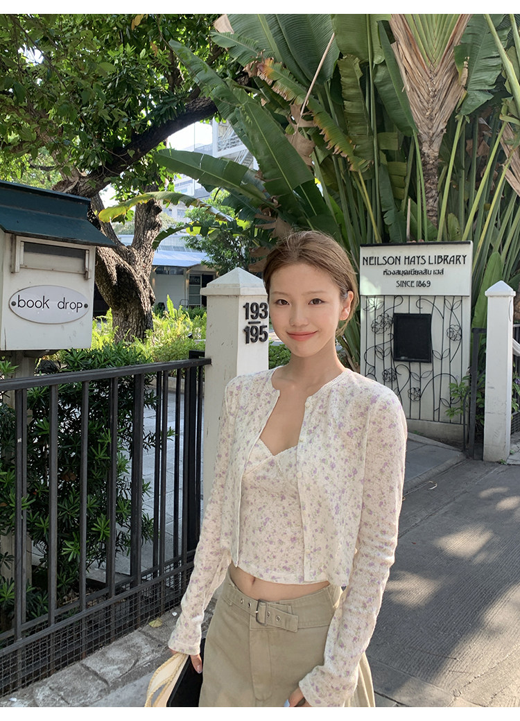 Tuuuh альбом для рисования мелкий цветочный принт круглый вырез кардиган с длинными рукавами женский корейский стиль тонкий короткий топ