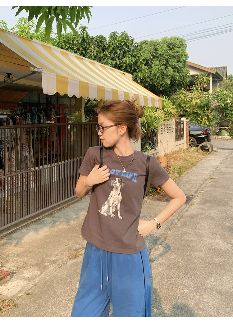 Tuuuh футболка женская с принтом собачки свободная с коротким рукавом 2026 летняя новинка американский ретро стиль