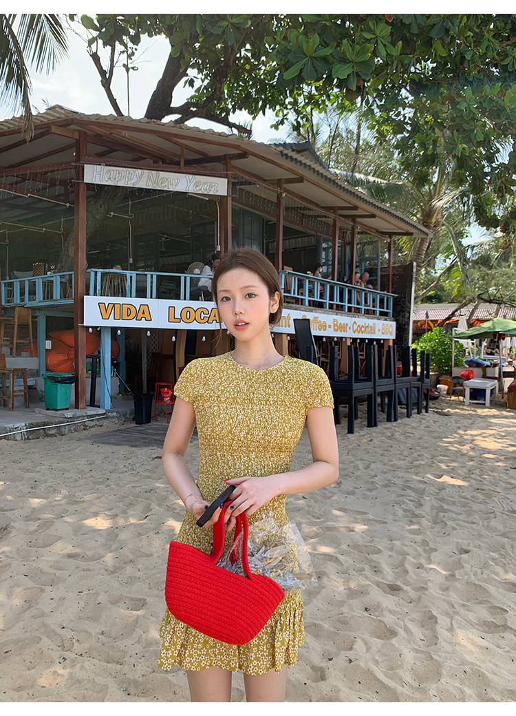 Tuuuh платье с цветочным принтом женское летнее стройнящее с поясом французское ретро миди желтое платье