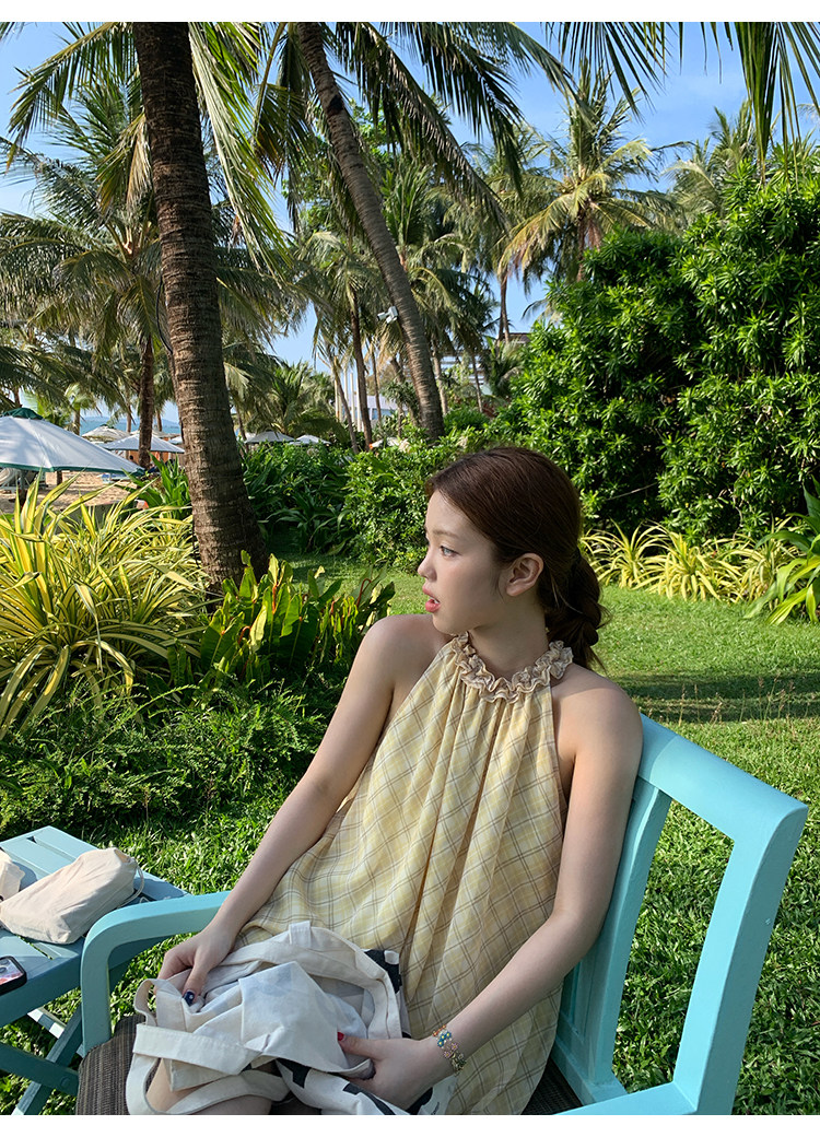 Tuuuh платье женское летнее французское ретро с завязками на шее в клетку свободное универсальное для отпуска