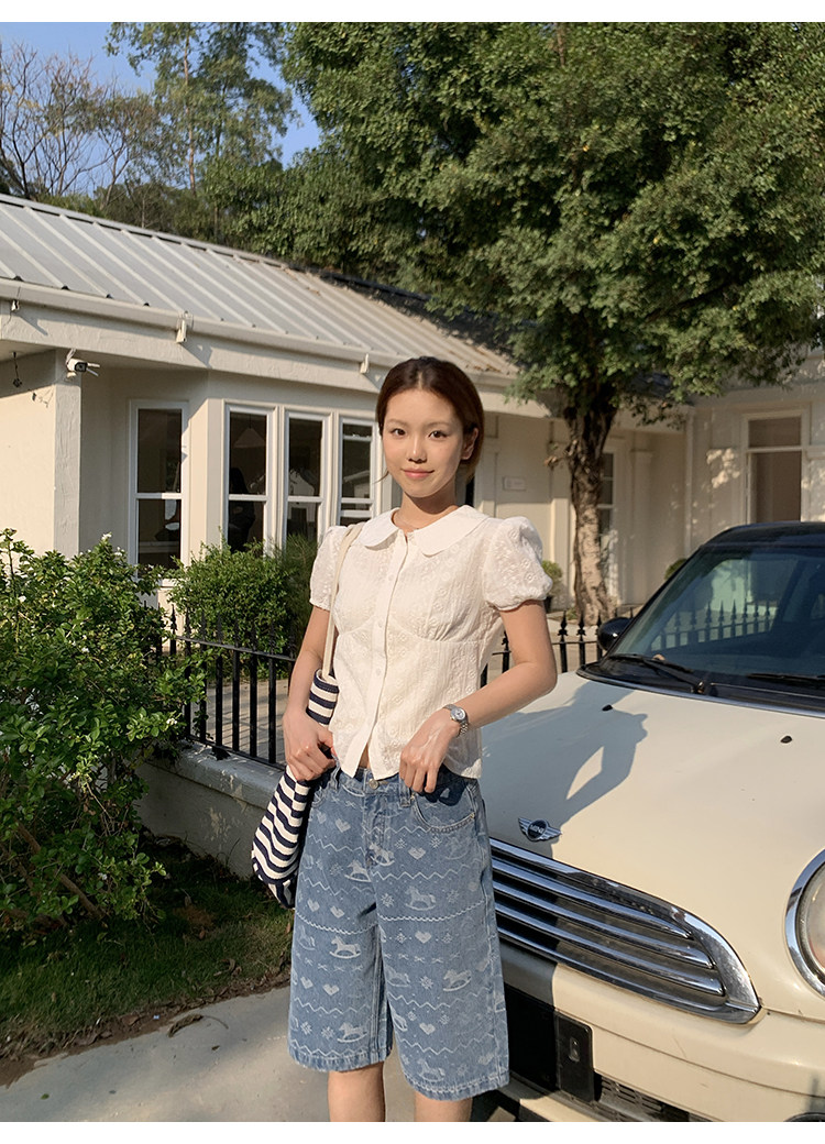 Tuuuh блузка белая с кукольным воротником и рукавами-буфами женская весна-лето французская кружевная жаккардовая милая рубашка