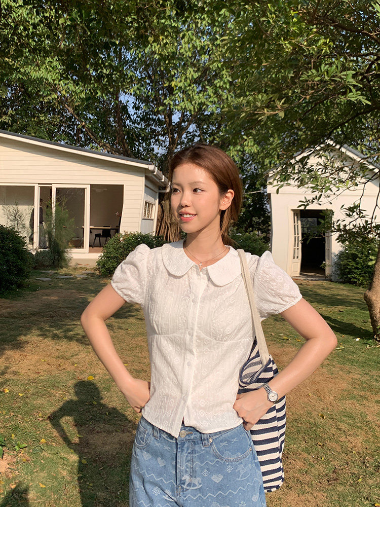 Tuuuh блузка белая с кукольным воротником и рукавами-буфами женская весна-лето французская кружевная жаккардовая милая рубашка