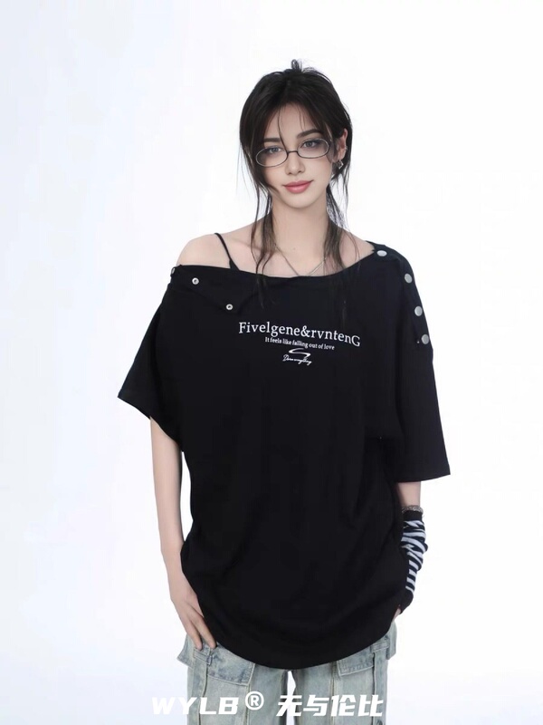 Wylb Unisex Summer American Retro Off-Shoulder Button-Down Crew Neck Short-Sleeve T-Shirt for Women, Loose Trendy Top
