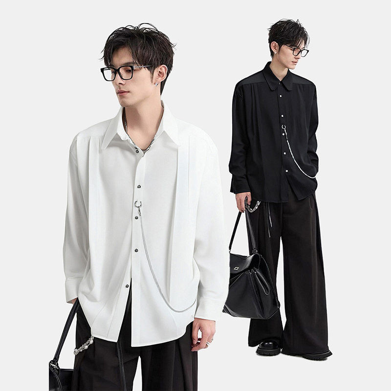 Lb|Tian Xuning's Same Style Shirt, Tian Lei's Same Style Long-Sleeve Shirt with Bone Chain, Men's High-End Solid Color Loose Shirt Lb|Tian Xuning's Same Style Shirt, Tian Lei's Same Style Long-Sleeve Shirt with Bone Chain, Men's High-End Solid Color Loose Shirt