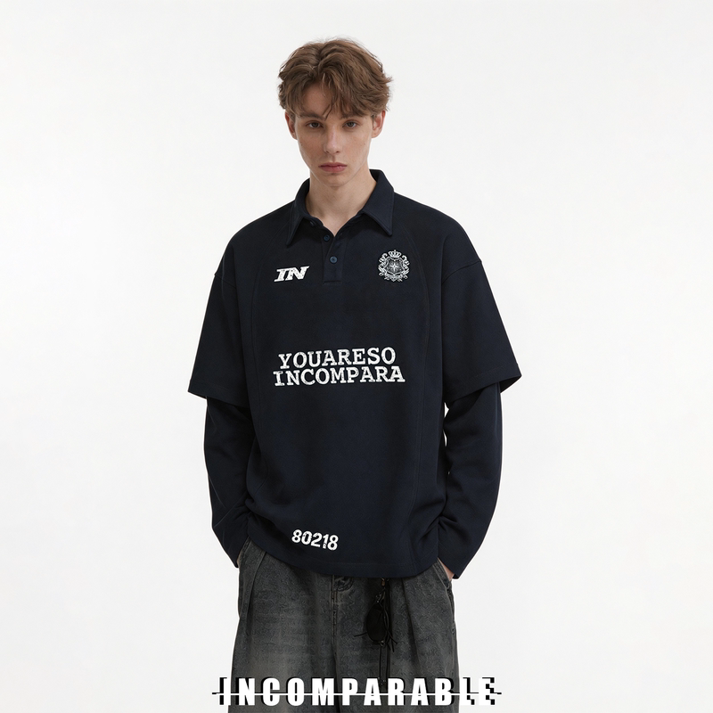 【Celebrity Style】High-Altitude Style Sports Two-In-One Long-Sleeve T-Shirt American Badge Jersey Polo Shirt Sweatshirt