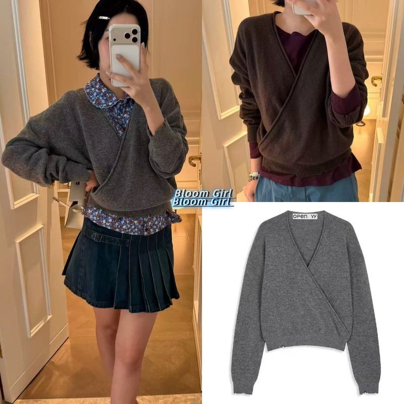 Korean Brand Open Yy 26 Early Autumn New Style Cross-Wrap Loose Casual V-Neck Long-Sleeve Knit Sweater Korean Brand Open Yy 26 Early Autumn New Style Cross-Wrap Loose Casual V-Neck Long-Sleeve Knit Sweater