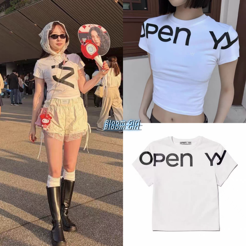 Small Quantity in Stock *Open Yy Letter Print Short-Sleeve T-Shirt, Slim-Fit, Flattering, Short Crop Top for Women