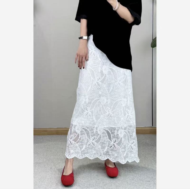 French White Embroidered Lace Mid-Length Skirt 2026 Spring High-Waisted Slimming Look Age-Reducing Versatile A-Line Long Skirt