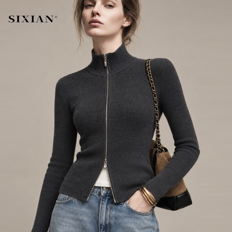 Machine Washable! Merino 100% Pure Wool Long-Sleeve Cardigan with Yangzi Yarn and Stand Collar, New Slim-Fit Design for Women