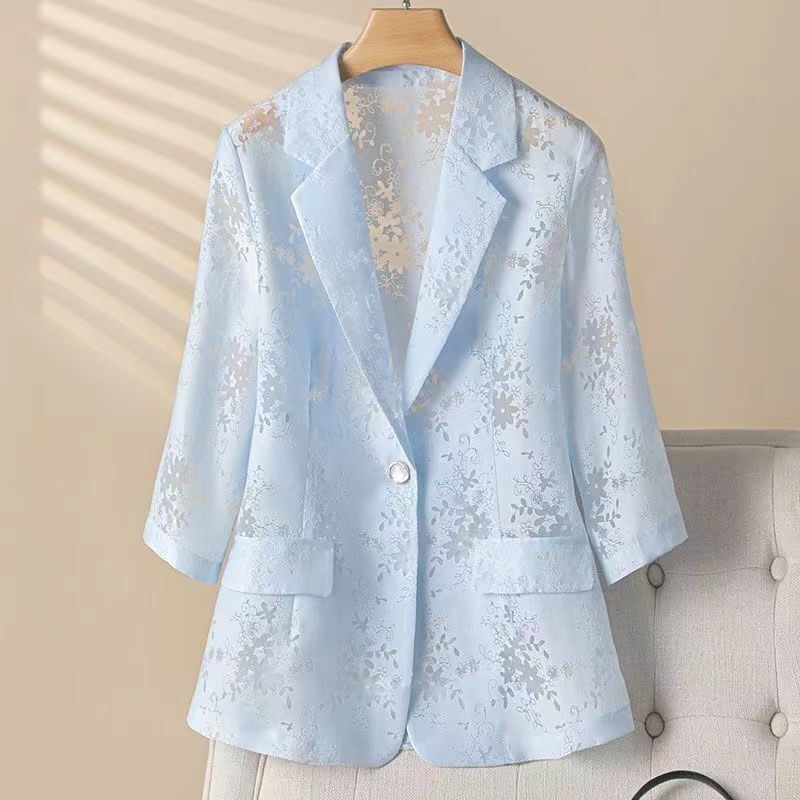 Fashionable Thin Blazer for Women, Summer Sun Protection Jacket, Small Blazer with Hollow-Out Three-Quarter Sleeves, Cool Ice Silk Blazer