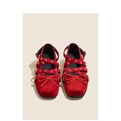 Red cross-tied bow small single shoes for women 2026 Spring New style retro shallow rivet ballet flat shoes