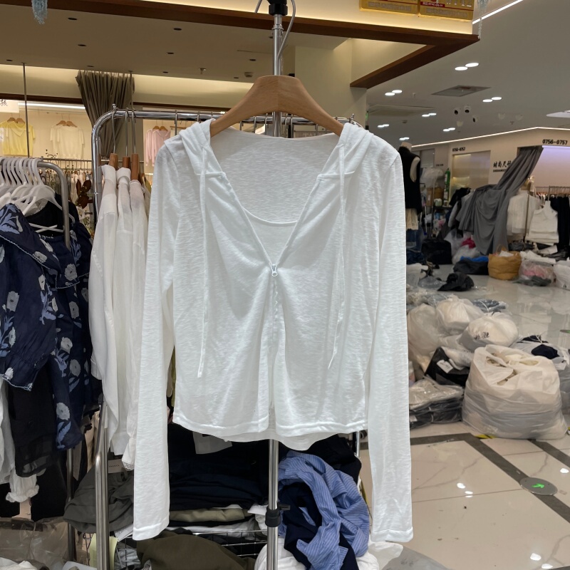 A9907 Korean Style Fake Two-Piece Hooded Long-Sleeved T-Shirt for Women 2026 Tencel Wool Slim Fit White Casual Top