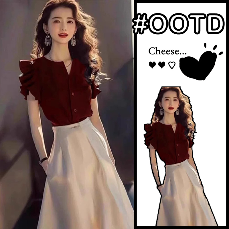 Clearance of Remaining Stock from the Boutique: Luxury Summer Women's Fashion, Socialite Style, Red Shirt and Skirt Two-Piece Set