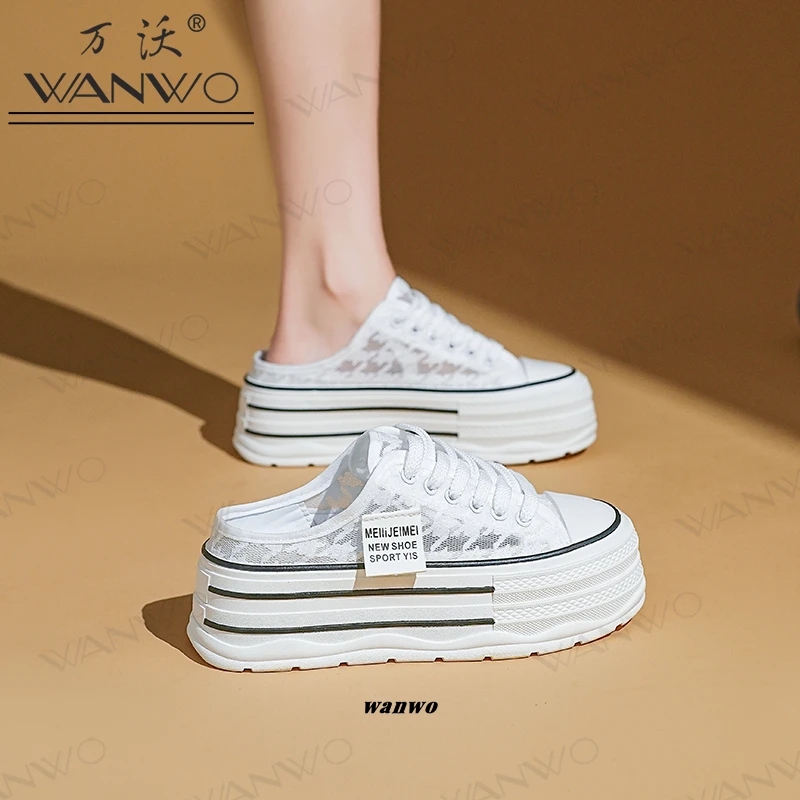 Wanwo Women's Shoes Half-Slipper/Full-Cover Summer New Breathable Lace Mesh Thick-Soled Closed-Toe White Shoes, Light Luxury