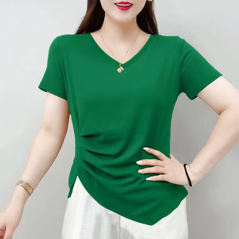 2025 New Large Size Summer Women's Short-Sleeved V Neck T-Shirt Pure Cotton Asymmetrical Slim Fit T-Shirt Top Clothes