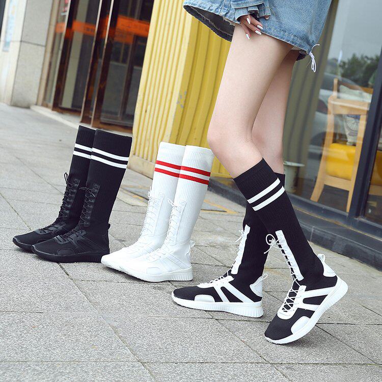 Long boots women but knee knight boots high-barrel knitted socks shoes flat-soled white thin elastic socks boots spring