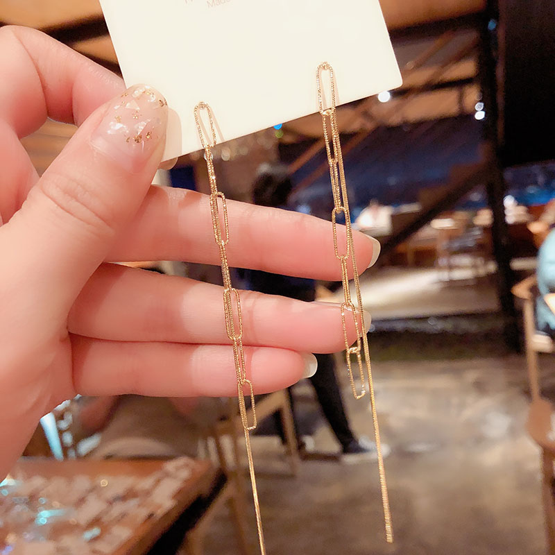 South Korea's Dongdaemun design sense chain tassel two wearing earrings female temperament fashion personality 925 silver needle ear needle tide