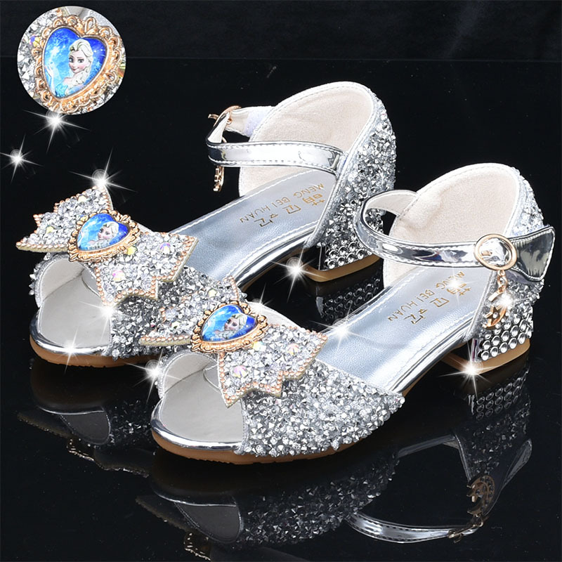 Girls' High-Heeled Sandals New Style Princess Shoes Baby Comfortable Children's Performance Rhinestone Bow Silver Summer Crystal Shoes