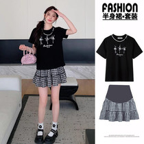 Maternity skirt suit summer Korean version printed short-sleeved T-shirt top slimming plaid cake skirt two-piece set
