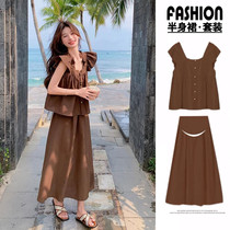 Maternity suit summer new fashion fashionable sweet square neck small flying sleeve baby doll top belly support skirt two-piece set