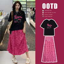 Maternity suit summer fashion age-reducing printed short-sleeved T-shirt top floral pleated belly skirt two-piece set