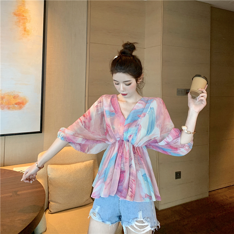 VK旗艦店 韓系札染花紋蝙蝠袖雪紡短袖上衣