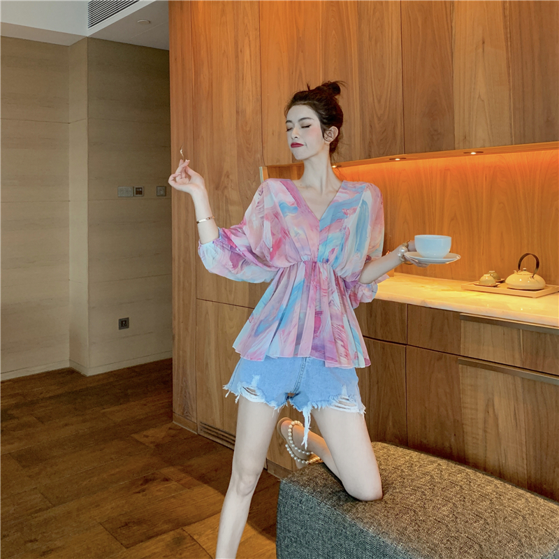 VK旗艦店 韓系札染花紋蝙蝠袖雪紡短袖上衣