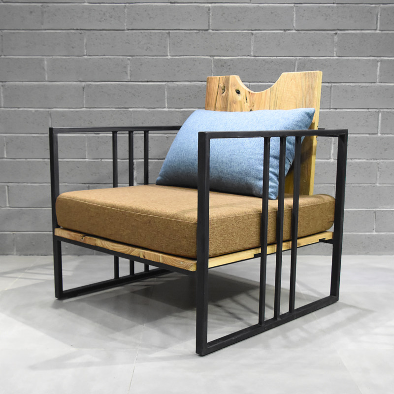 New Chinese Iron Art Sofa Chair Submodern Small Family Style Living Room Solid Wood Cloth Art Single Chair Zen of the antique furniture