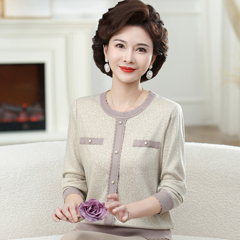 2026 Spring New Women's Tops for Middle-Aged and Elderly Mothers, Thin Versatile Round-Neck Loose Long-Sleeve T-Shirt