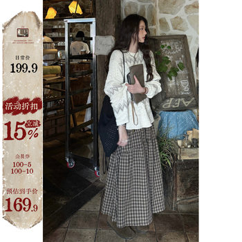 Jmwomen cake brown square retro anti-wrinkle plaid high waist skirt women's autumn and winter loose and versatile a-line long skirt